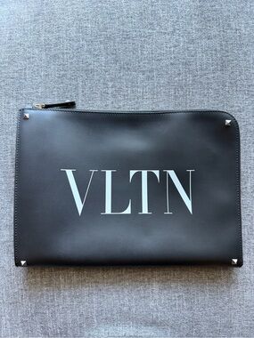Valentino Garavani VLTN Black Leather Zip Pouch with Stud Accents